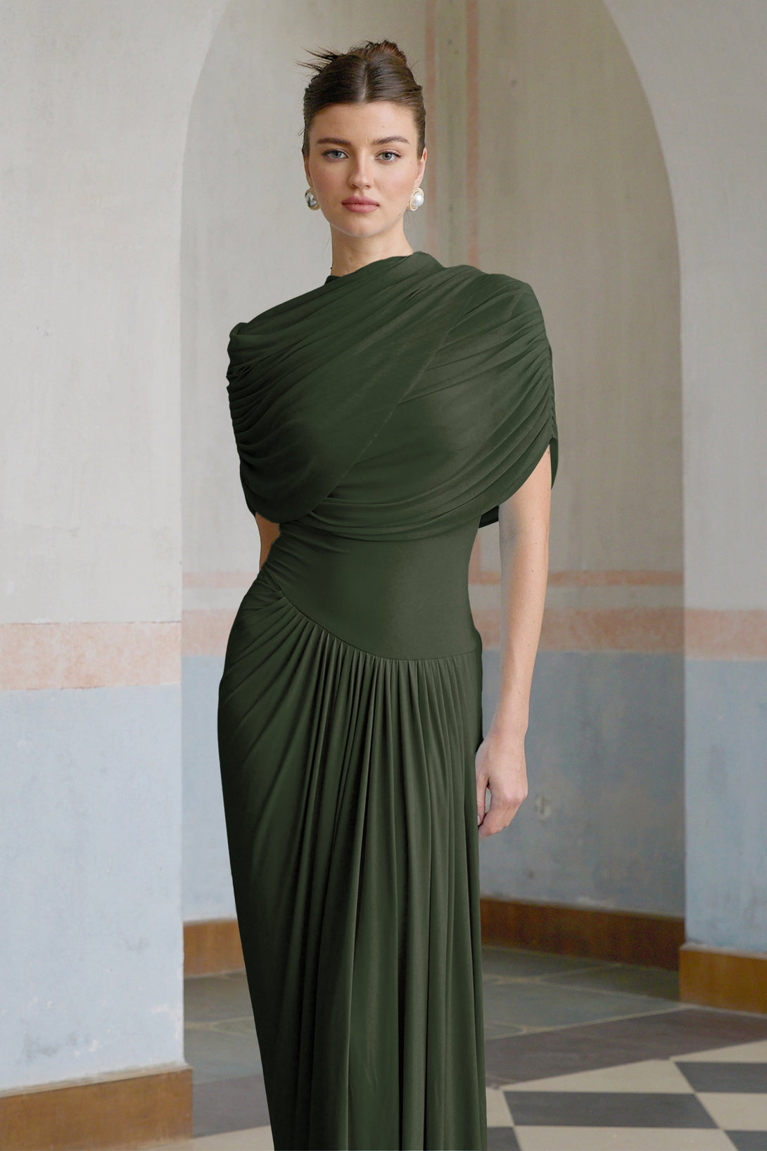 catherine asymmetric pleated maxi dress asymmetrical in Green – Fashionswest black tie optional dress Color:STOKES Rivie Dress | Fit-and-Flare