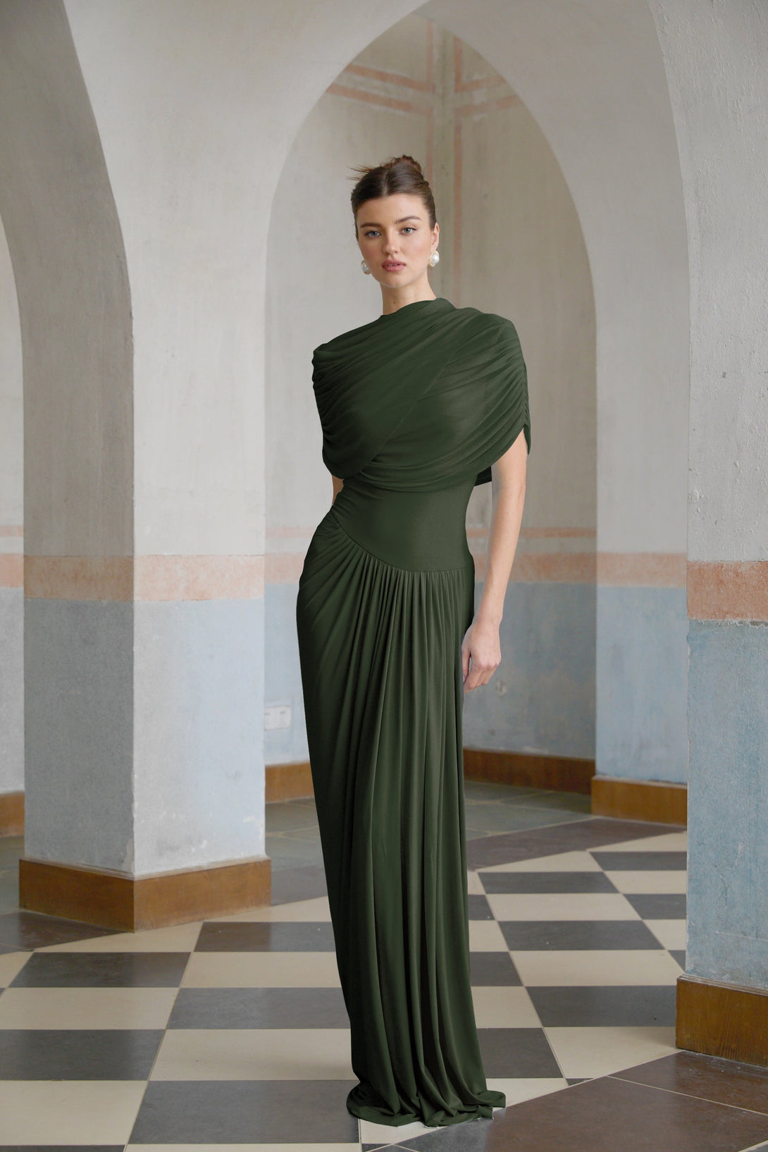 catherine asymmetrical pleated maxi dress in Green – Fashionswest Color:Black/Silver Brand_Primavera Couture Elegant Long Sleeves Chiffon