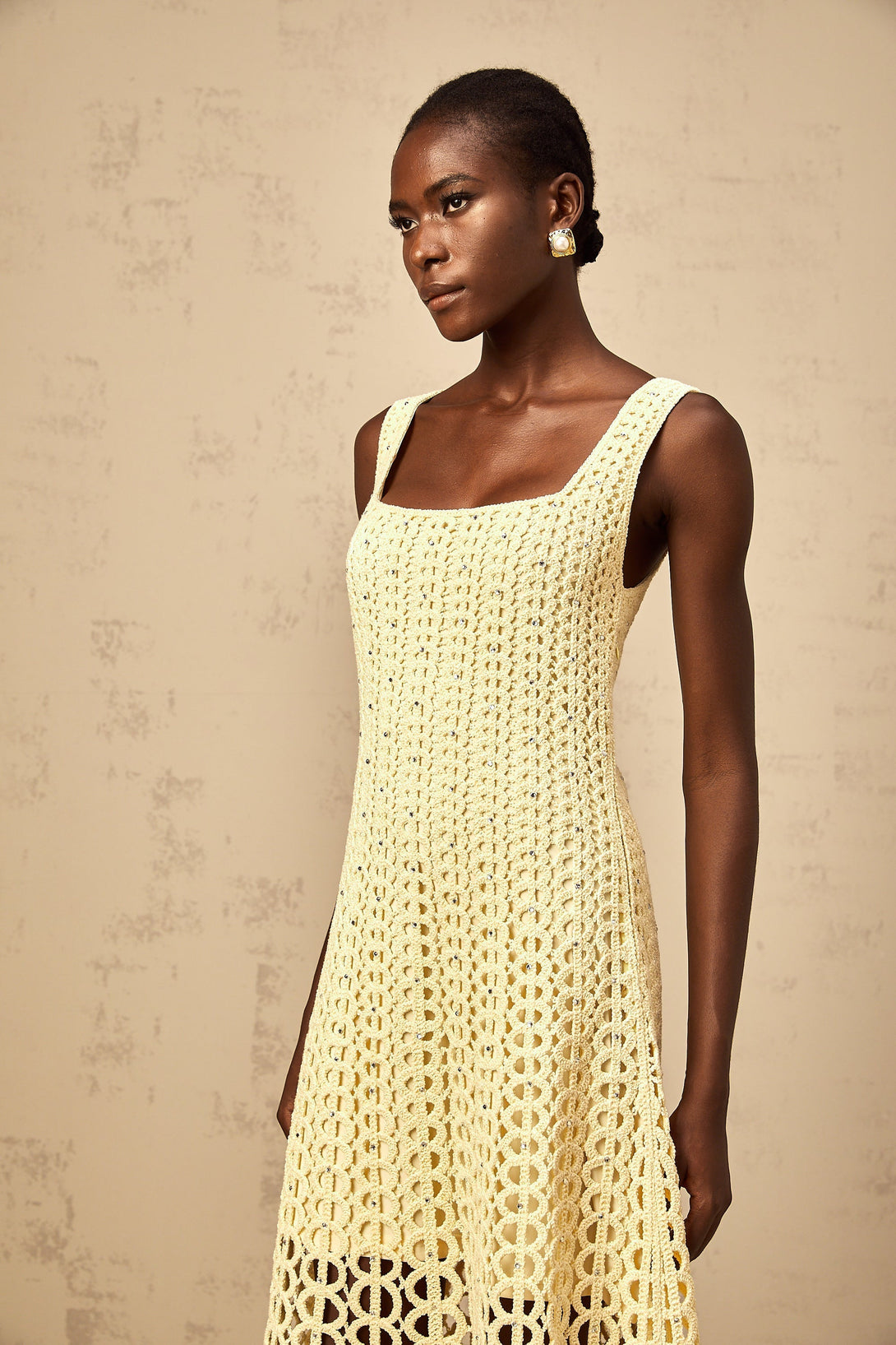 Edelie light-yellow embellished cut-out crochet-knit midi dress – Fashionswest