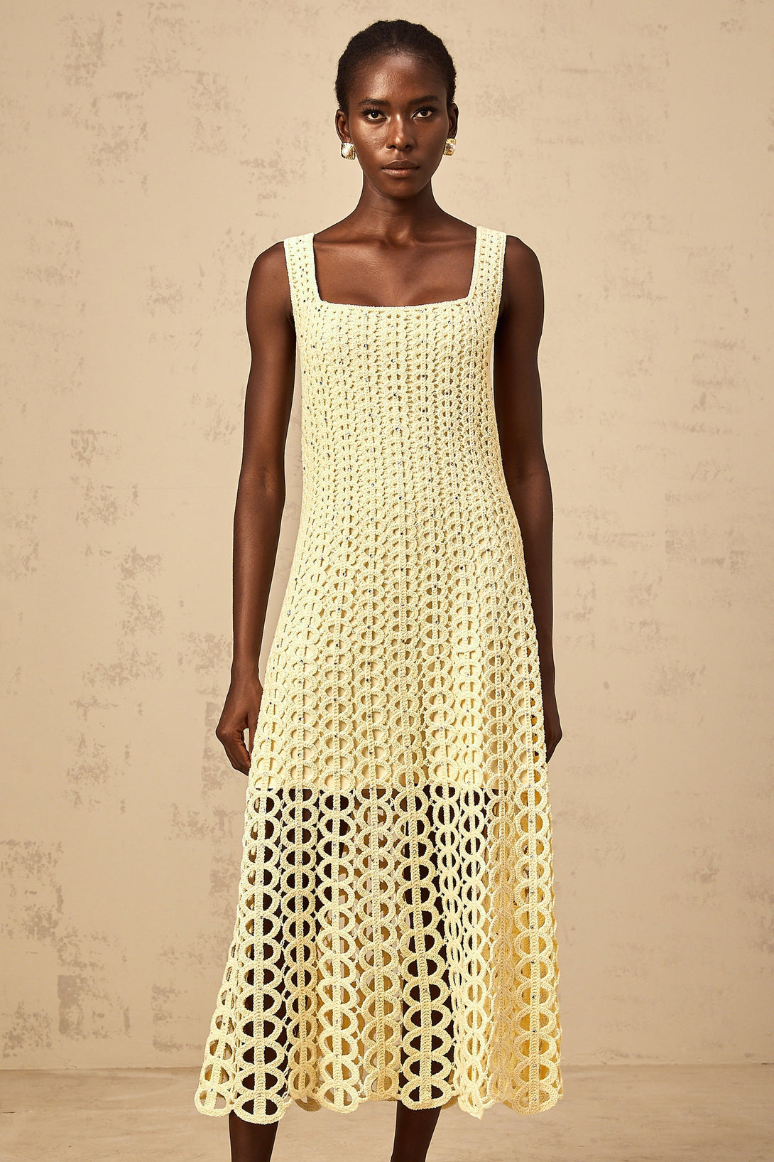 crochet knit midi dress Edelie light-yellow embellished cut-out crochet-knit – Fashionswest 37.2” hips knee length black lace Size:44/XL Mariah The Scientist Clothing