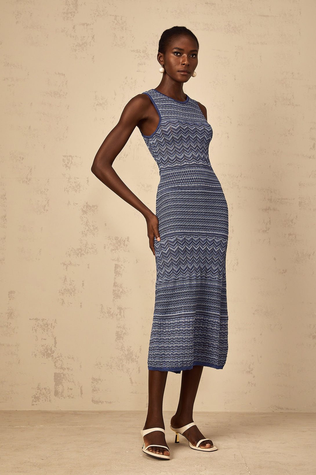Ingrid Blue Wavy Crochet Knit Midi Dress – Fashionswest