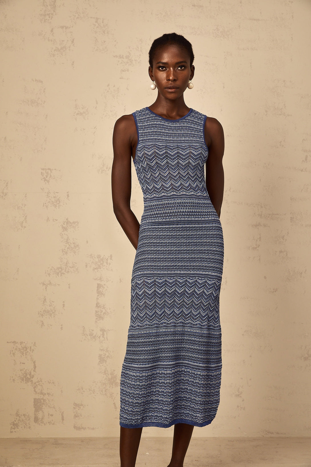 Ingrid Blue Wavy Crochet Knit Midi Dress – Fashionswest
