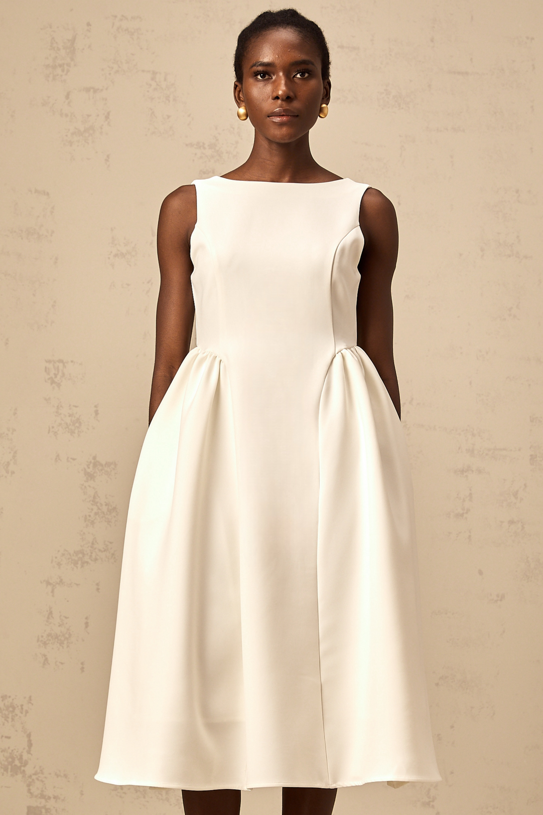 Yolanda white full-skirt sleeveless midi dress – Fashionswest