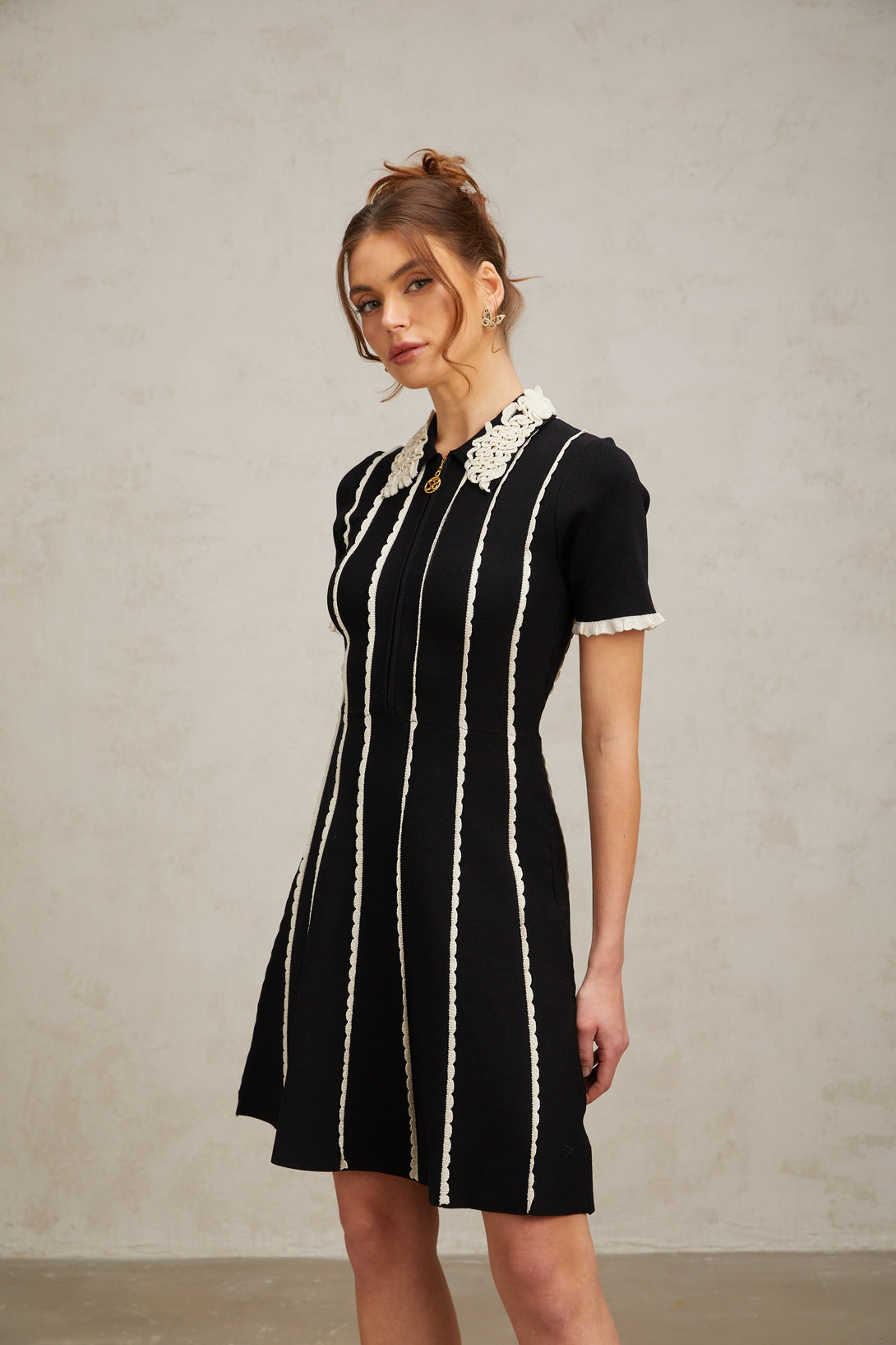 Zazie black vertical-striped ruffle-trim knit mini dress – Fashionswest